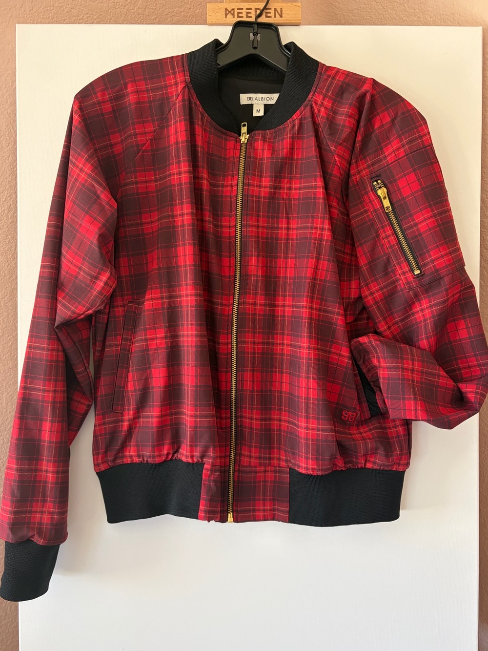 Albion Fit Bonnie Plaid Zip Up Bomber Jacket Crimson Red Performance M